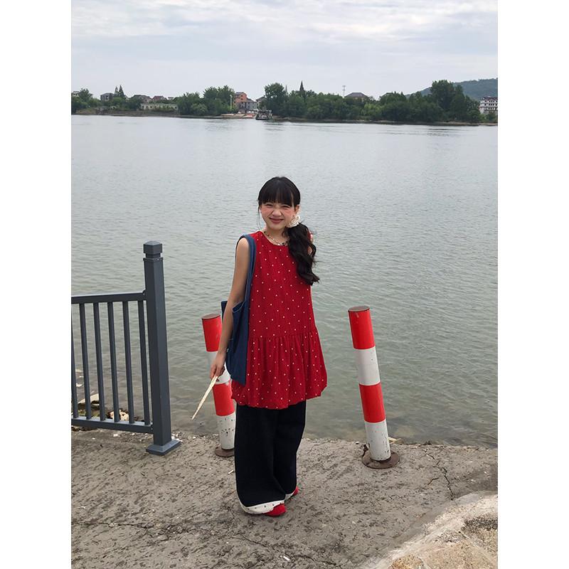 嘿山姥姥 紅色背心洋裝女春夏學院風小個子復古甜美可愛a字短裙-細節圖2