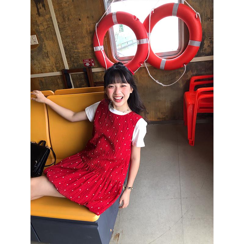 嘿山姥姥 紅色背心洋裝女春夏學院風小個子復古甜美可愛a字短裙-細節圖3