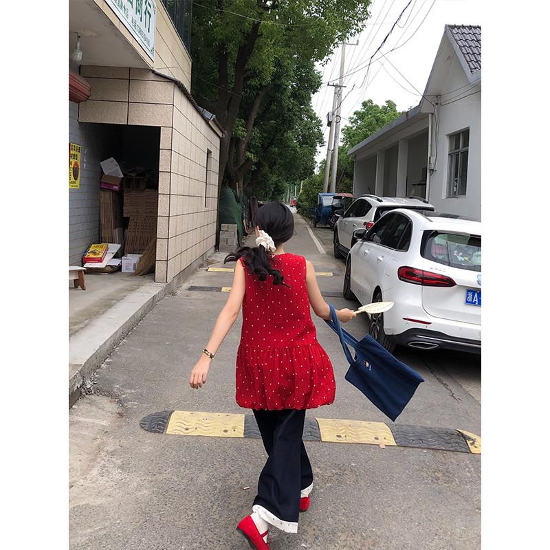 嘿山姥姥 紅色背心洋裝女春夏學院風小個子復古甜美可愛a字短裙-細節圖4