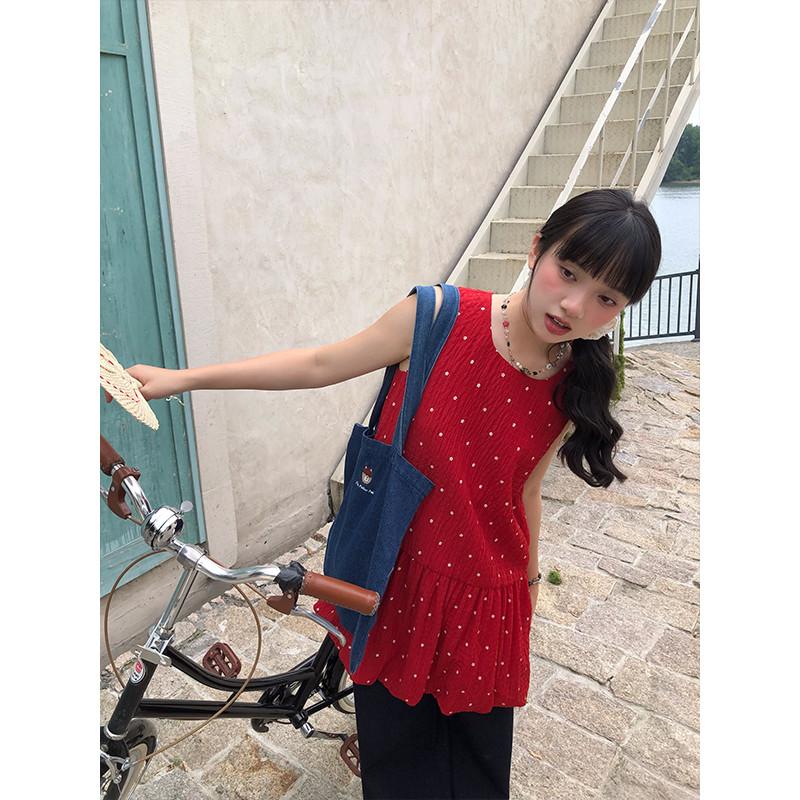 嘿山姥姥 紅色背心洋裝女春夏學院風小個子復古甜美可愛a字短裙-細節圖5