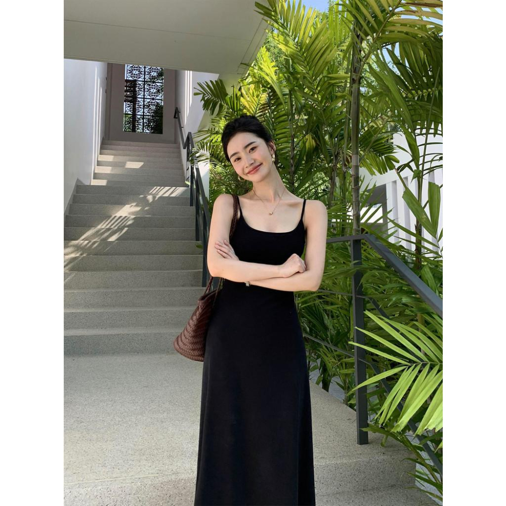 pusumede高級感黑色針織吊帶洋裝女夏季帶胸墊收腰氣質打底長裙-細節圖4