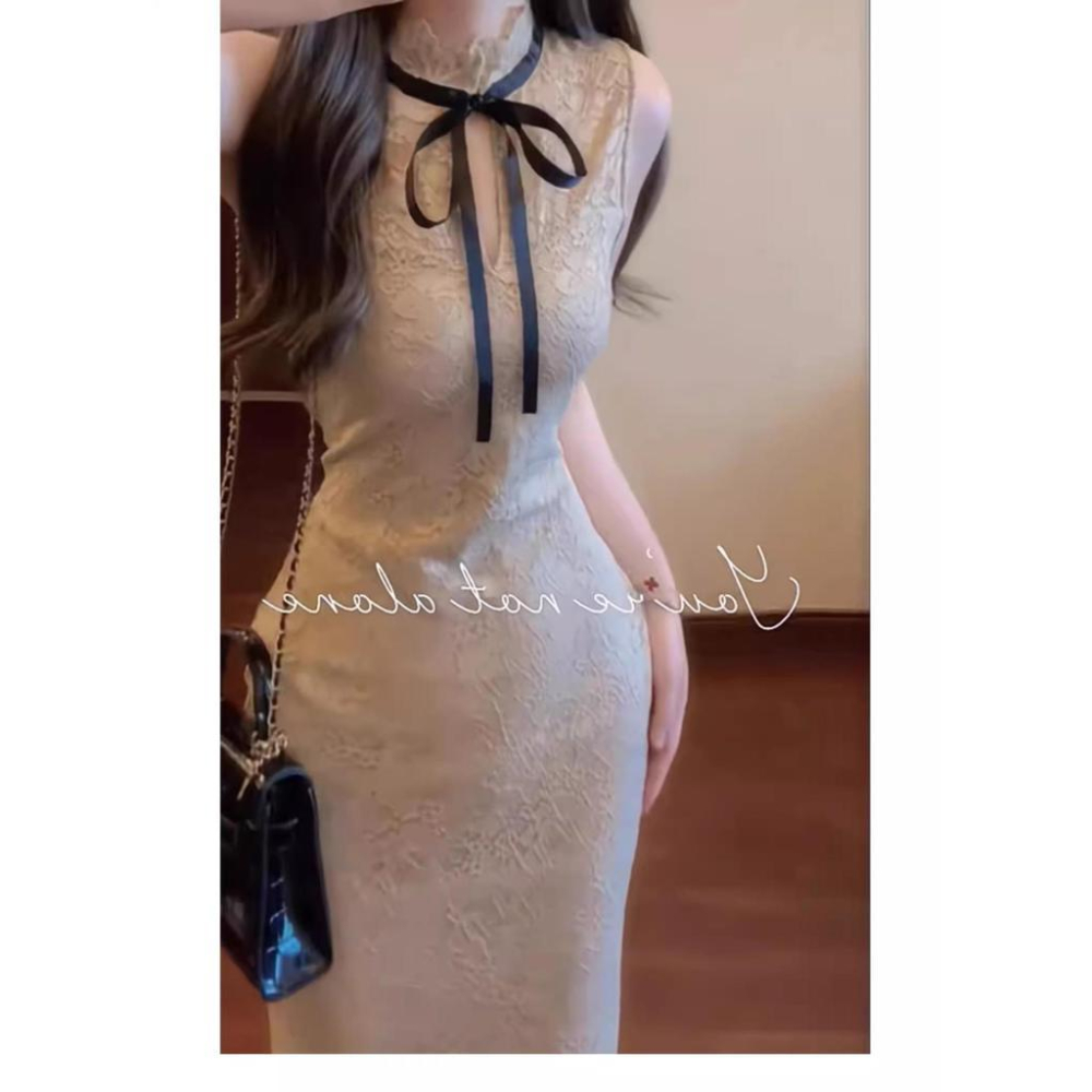 新中式改良旗袍蕾絲洋裝純欲緊身無袖背心高級感包臀長裙子-細節圖2