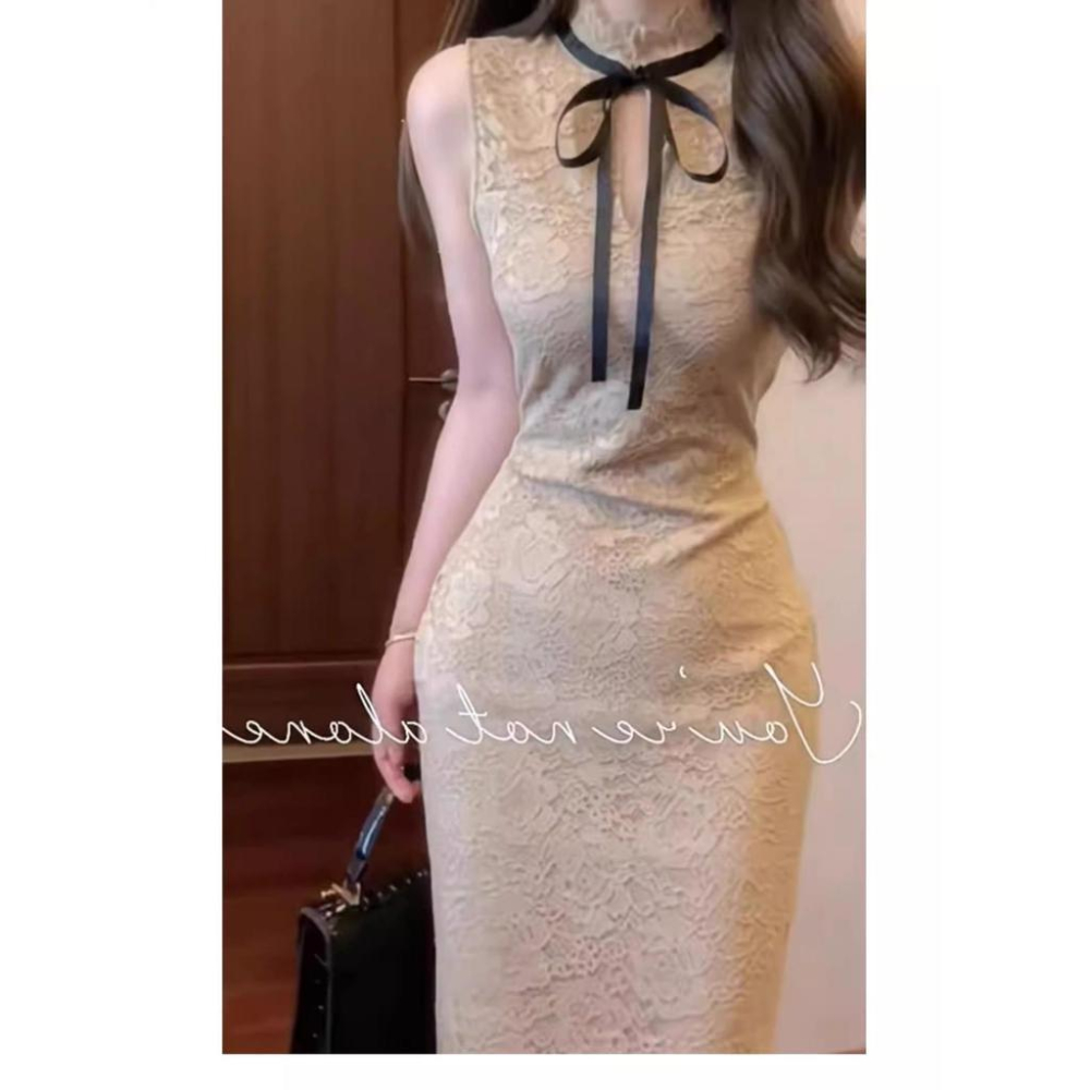 新中式改良旗袍蕾絲洋裝純欲緊身無袖背心高級感包臀長裙子-細節圖4