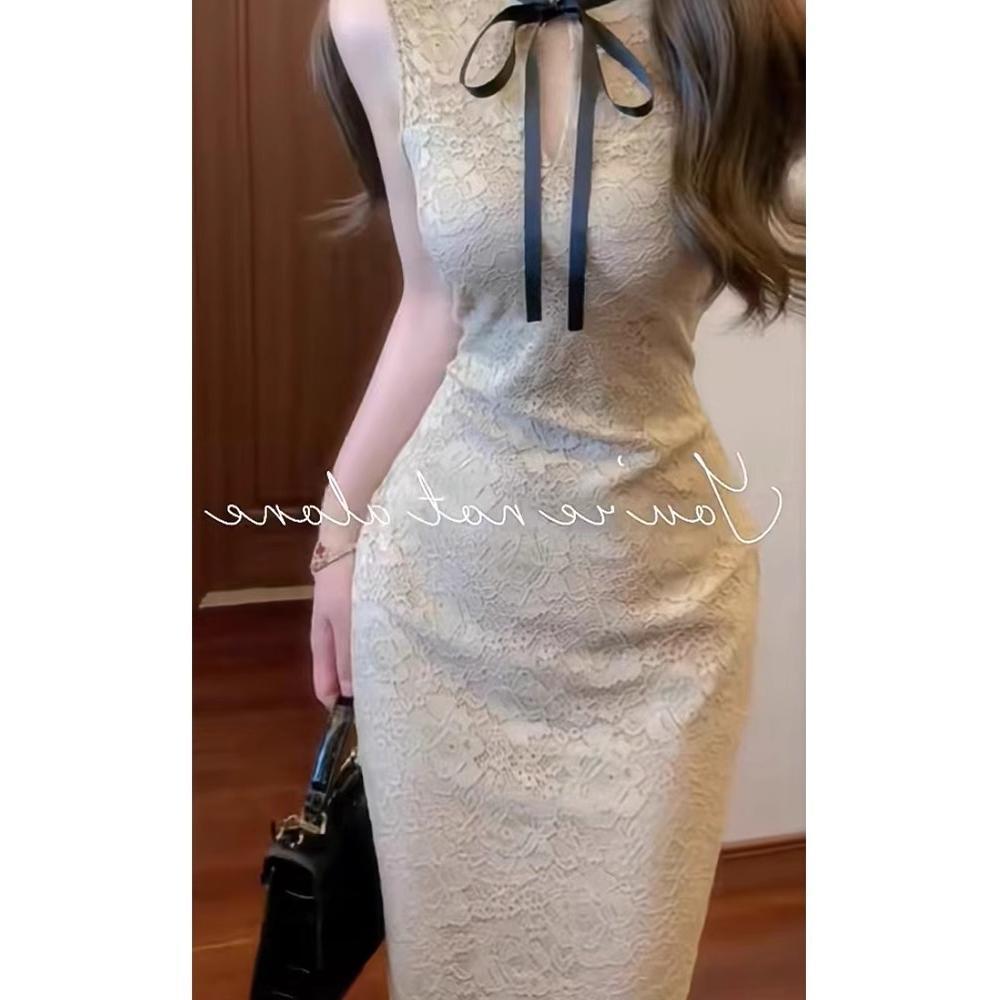 新中式改良旗袍蕾絲洋裝純欲緊身無袖背心高級感包臀長裙子-細節圖5