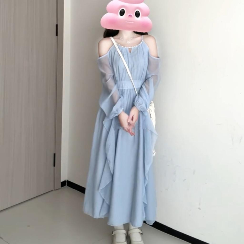 夏日藍色法式長袖掛脖露肩洋裝女夏季收腰海邊度假吊帶裙子長裙-細節圖2