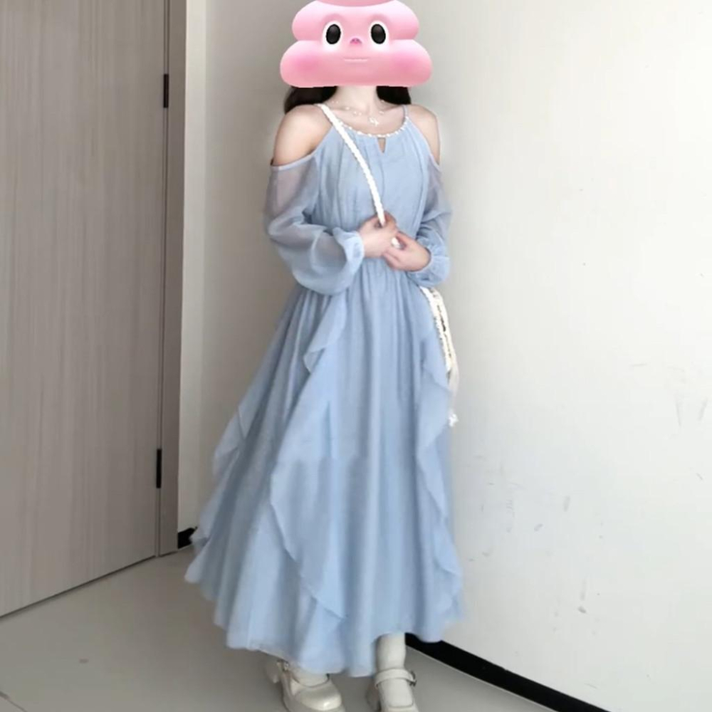 夏日藍色法式長袖掛脖露肩洋裝女夏季收腰海邊度假吊帶裙子長裙-細節圖3