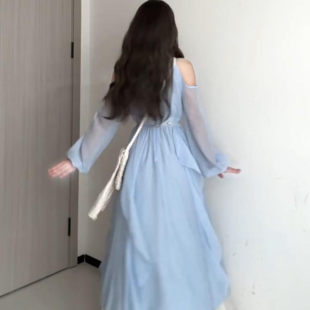 夏日藍色法式長袖掛脖露肩洋裝女夏季收腰海邊度假吊帶裙子長裙-細節圖4