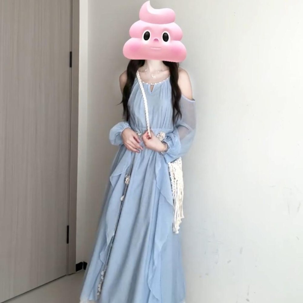 夏日藍色法式長袖掛脖露肩洋裝女夏季收腰海邊度假吊帶裙子長裙-細節圖5