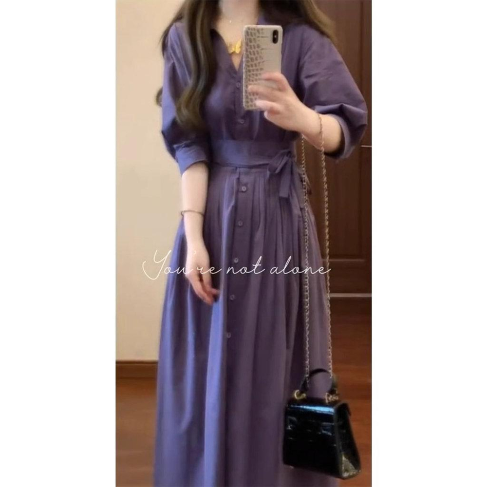 法式氣質紫色洋裝子女夏季新款大尺碼胖mm高級感獨特漂亮收腰長裙-細節圖2