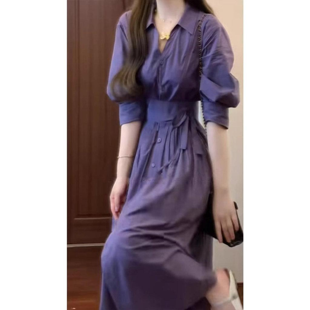 法式氣質紫色洋裝子女夏季新款大尺碼胖mm高級感獨特漂亮收腰長裙-細節圖4