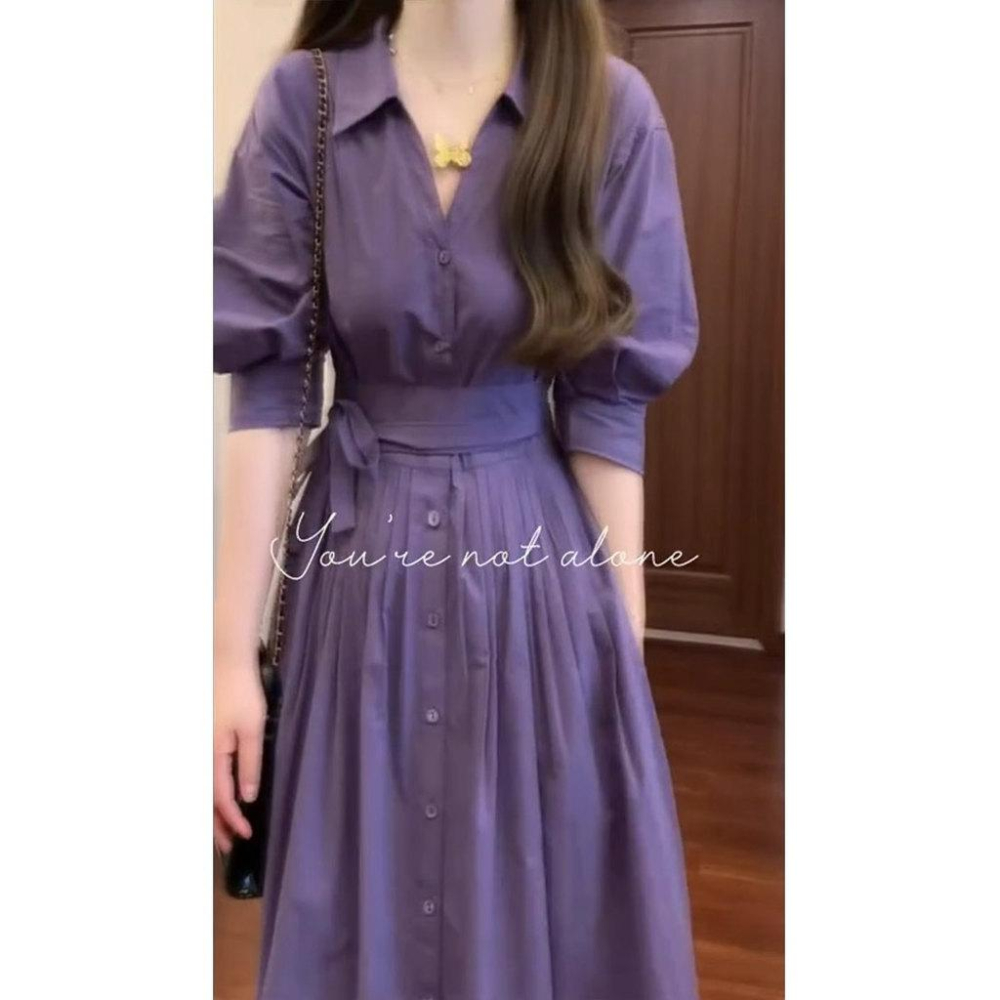 法式氣質紫色洋裝子女夏季新款大尺碼胖mm高級感獨特漂亮收腰長裙-細節圖5