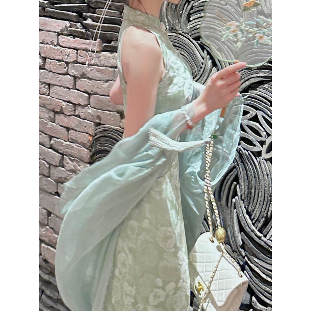 Catyears貓年 明月松間照～氣質洋裝女綠色緊身改良新中式旗袍-細節圖2