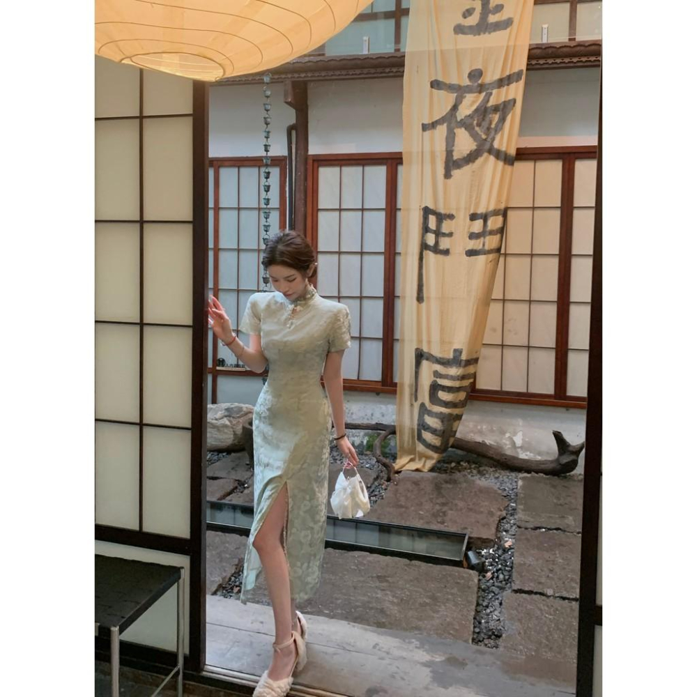 Catyears貓年 明月松間照～氣質洋裝女綠色緊身改良新中式旗袍-細節圖4
