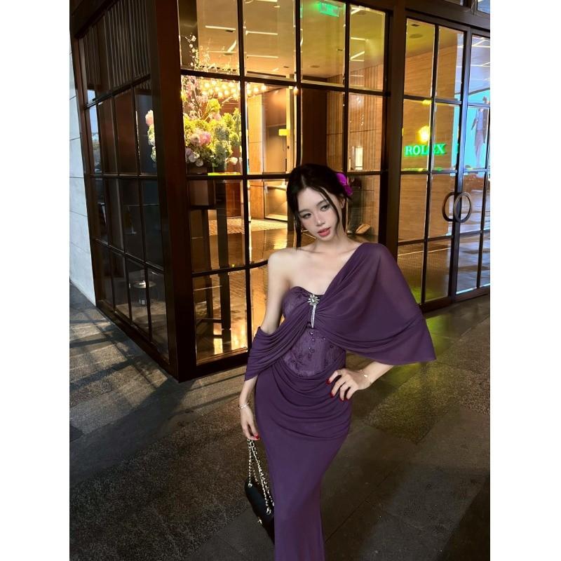 一字領紫色無袖抹胸洋裝女夏季緊身魚尾裙純欲收腰長裙包臀裙子-細節圖2