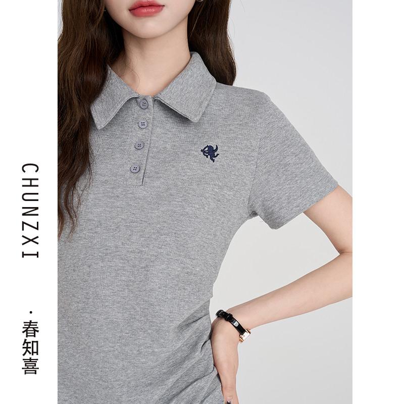 春知喜韓系學院風polo洋裝女夏季新款收腰顯瘦休閒a字長裙氣質-細節圖3