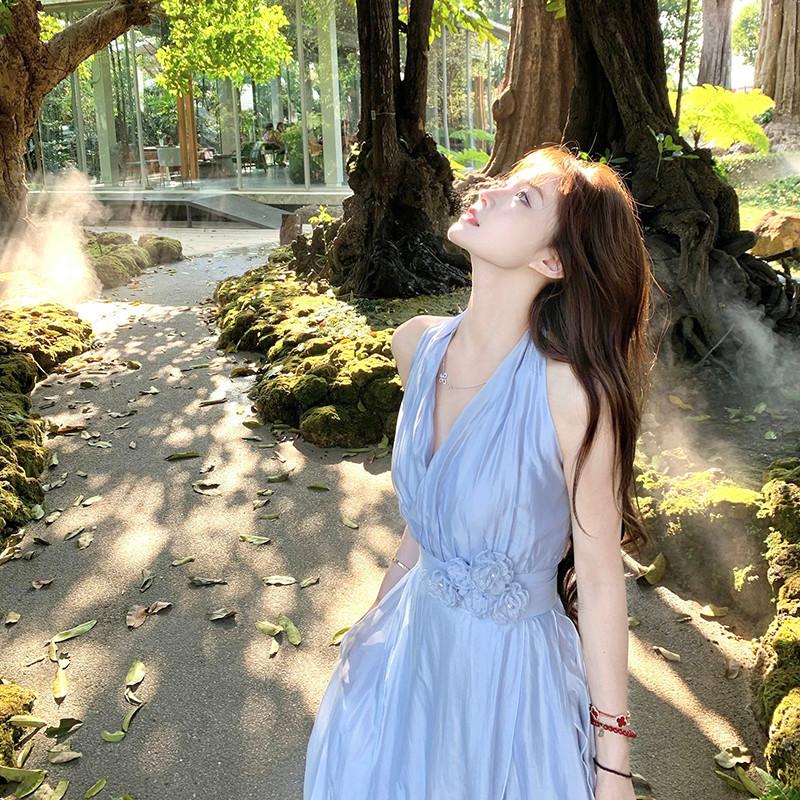 法式純欲仙女藍色掛脖洋裝子女設計感收腰氣質度假露背長裙夏季-細節圖2