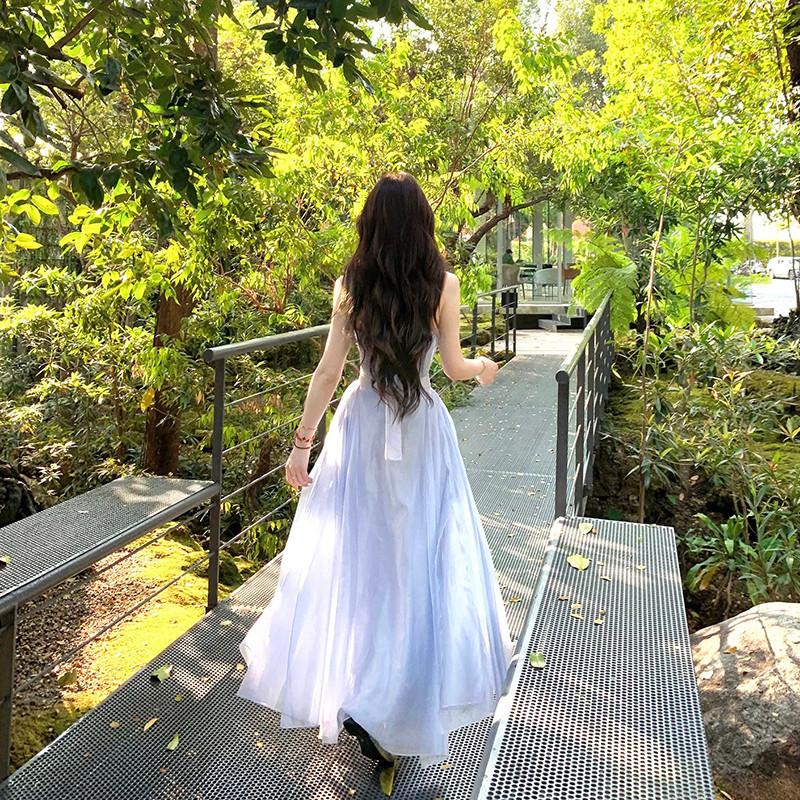法式純欲仙女藍色掛脖洋裝子女設計感收腰氣質度假露背長裙夏季-細節圖3