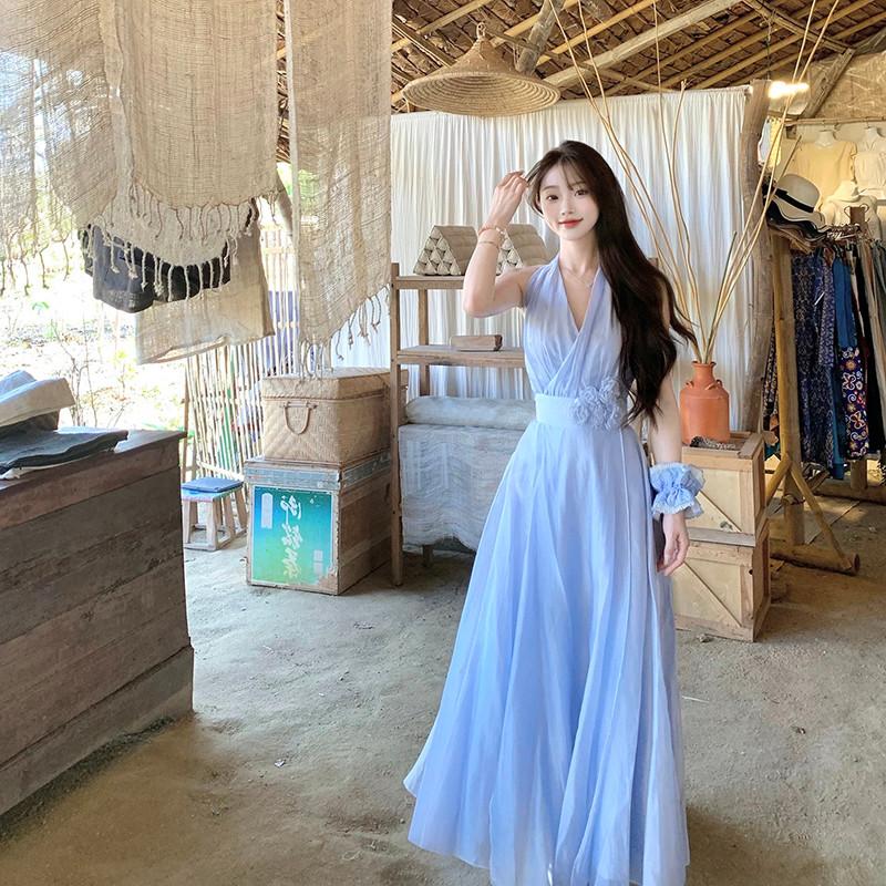 法式純欲仙女藍色掛脖洋裝子女設計感收腰氣質度假露背長裙夏季-細節圖4