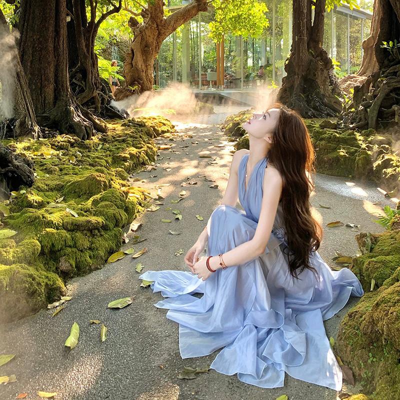 法式純欲仙女藍色掛脖洋裝子女設計感收腰氣質度假露背長裙夏季-細節圖5