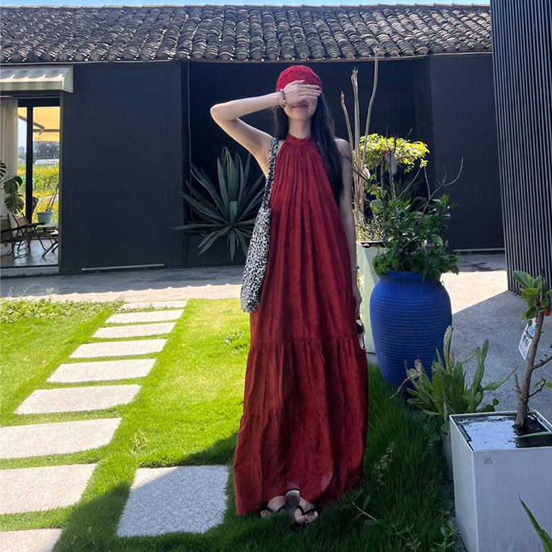 新疆穿搭新中式復古紅色掛脖洋裝女海邊度假拍照氛圍感寬鬆長裙-細節圖2