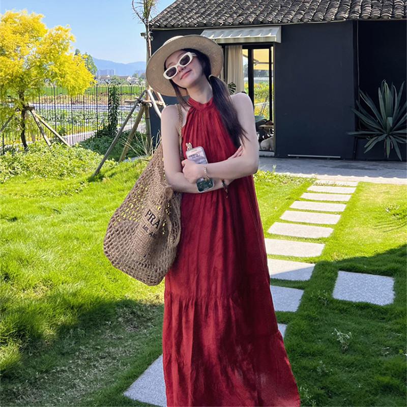 新疆穿搭新中式復古紅色掛脖洋裝女海邊度假拍照氛圍感寬鬆長裙-細節圖4
