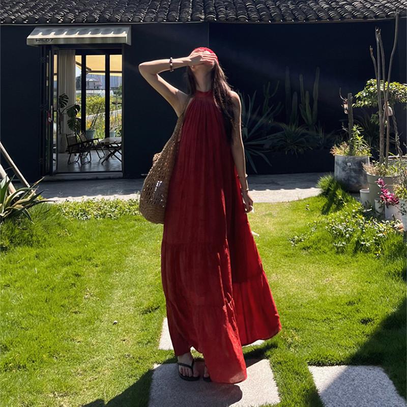 新疆穿搭新中式復古紅色掛脖洋裝女海邊度假拍照氛圍感寬鬆長裙-細節圖5