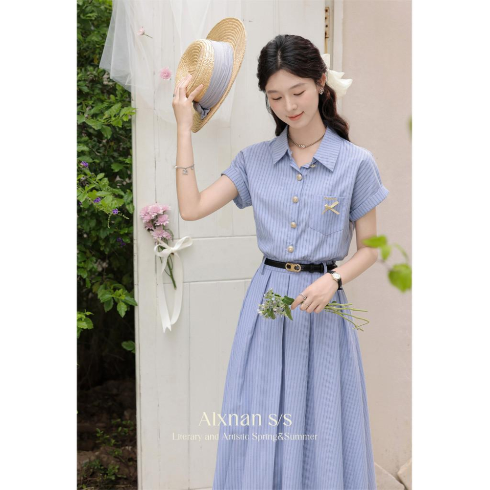 鹿向南「miu系學姐」法式藍色POLO條紋洋裝女夏襯衫裙收腰長裙-細節圖2