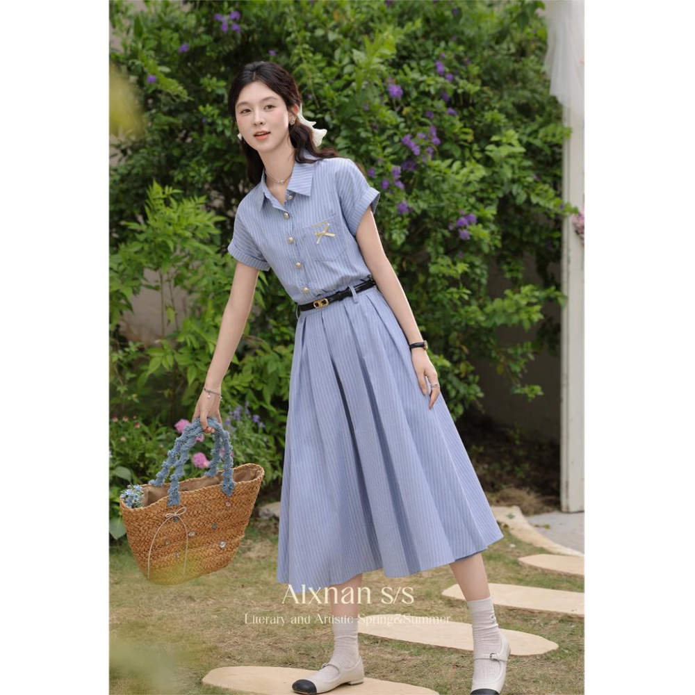 鹿向南「miu系學姐」法式藍色POLO條紋洋裝女夏襯衫裙收腰長裙-細節圖3