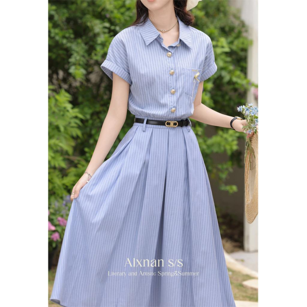 鹿向南「miu系學姐」法式藍色POLO條紋洋裝女夏襯衫裙收腰長裙-細節圖4