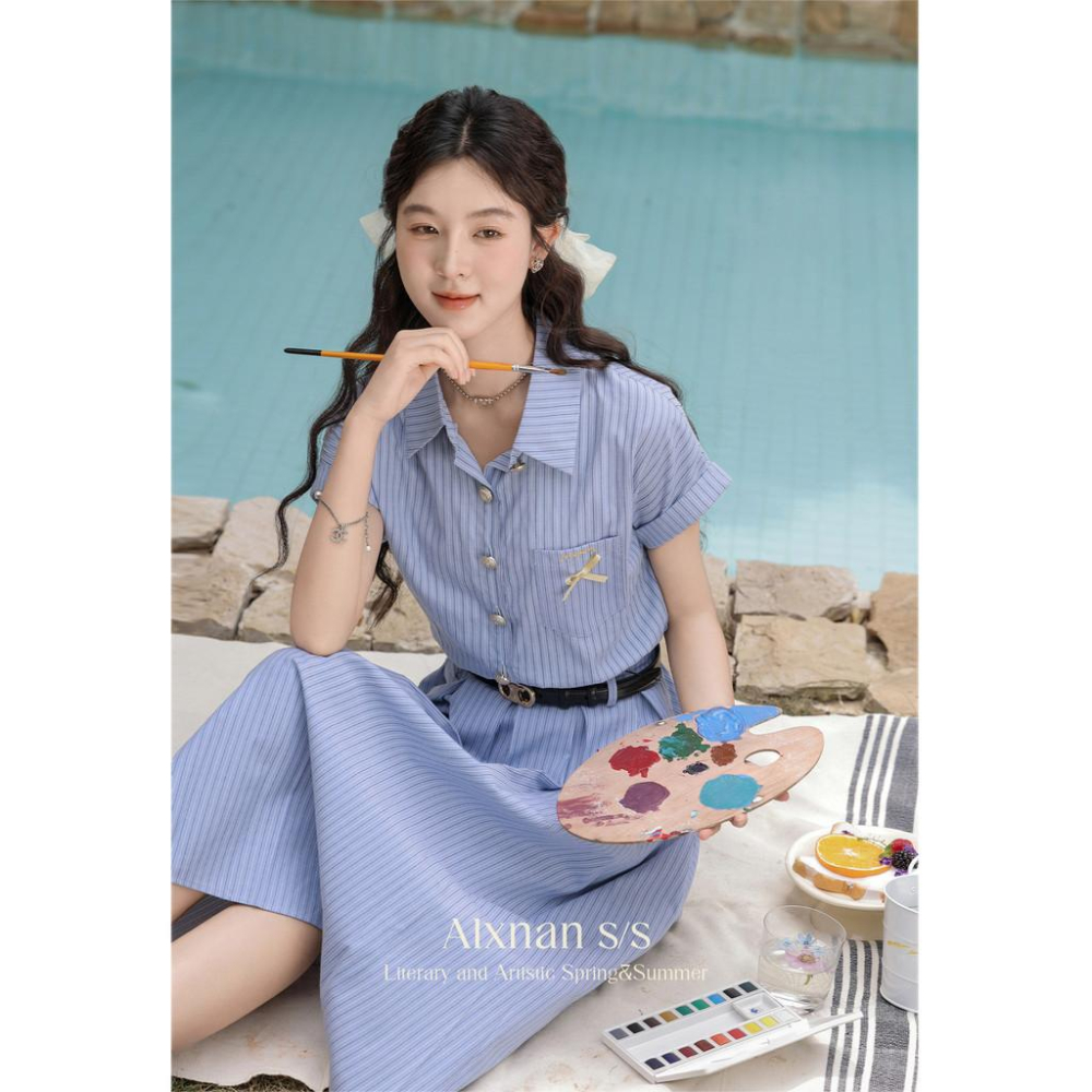 鹿向南「miu系學姐」法式藍色POLO條紋洋裝女夏襯衫裙收腰長裙-細節圖5