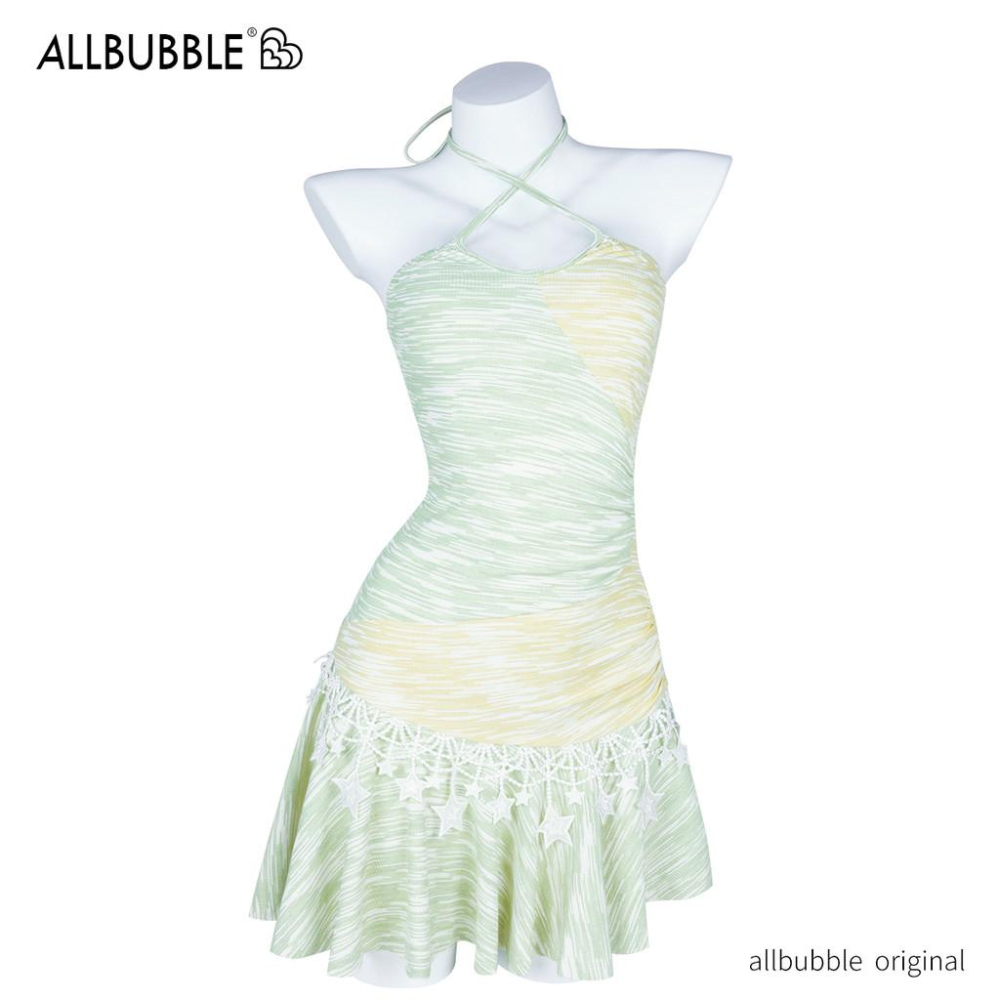 Allbubble原創 夏日之星| 清爽黃綠撞色不規則星星針織掛脖洋裝-細節圖2