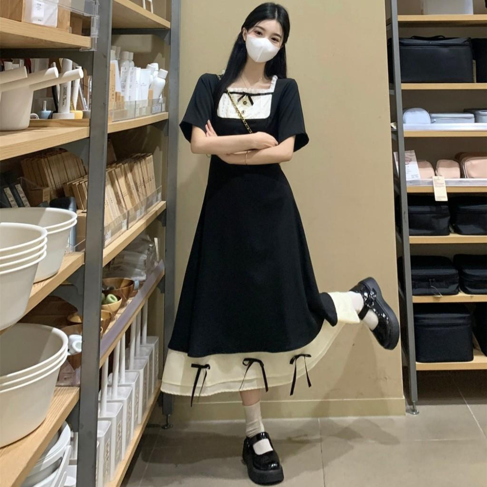 谷幽然大尺碼女裝~夏季胖mm法式氣質收腰顯瘦赫本黑色公主裙洋裝-細節圖2