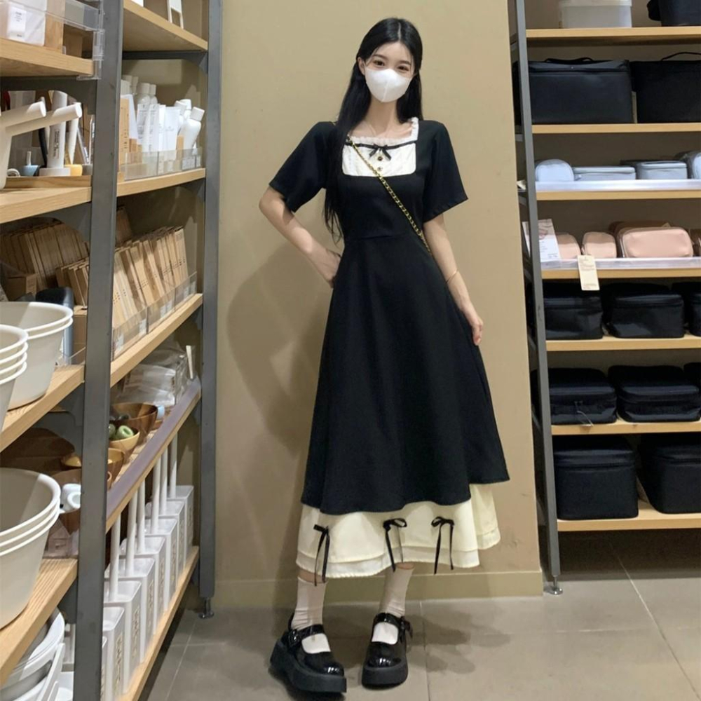 谷幽然大尺碼女裝~夏季胖mm法式氣質收腰顯瘦赫本黑色公主裙洋裝-細節圖3