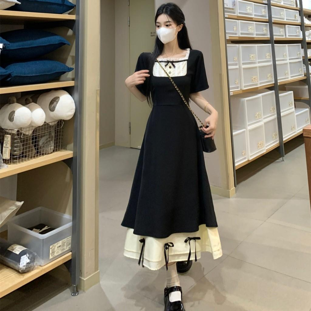 谷幽然大尺碼女裝~夏季胖mm法式氣質收腰顯瘦赫本黑色公主裙洋裝-細節圖4