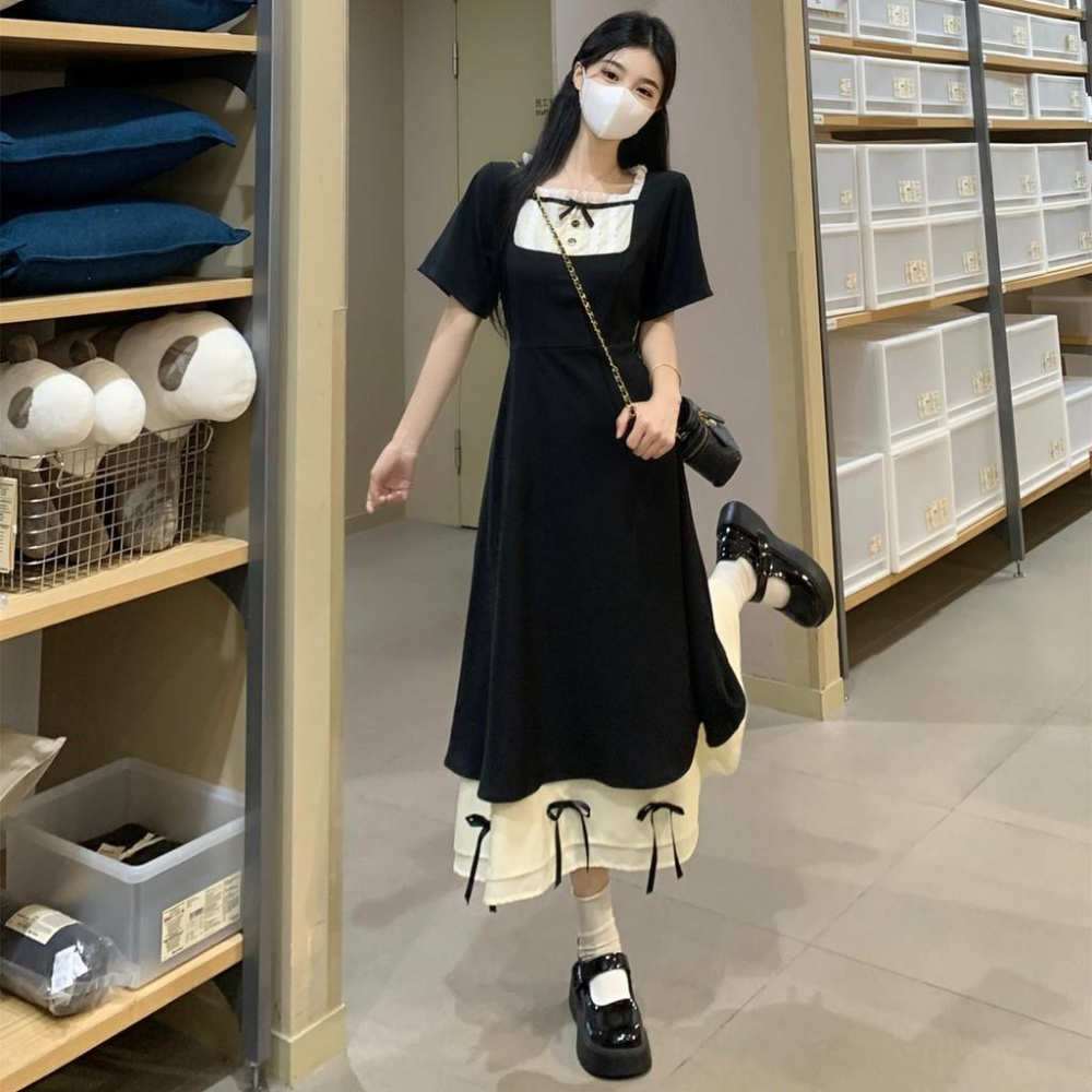 谷幽然大尺碼女裝~夏季胖mm法式氣質收腰顯瘦赫本黑色公主裙洋裝-細節圖5