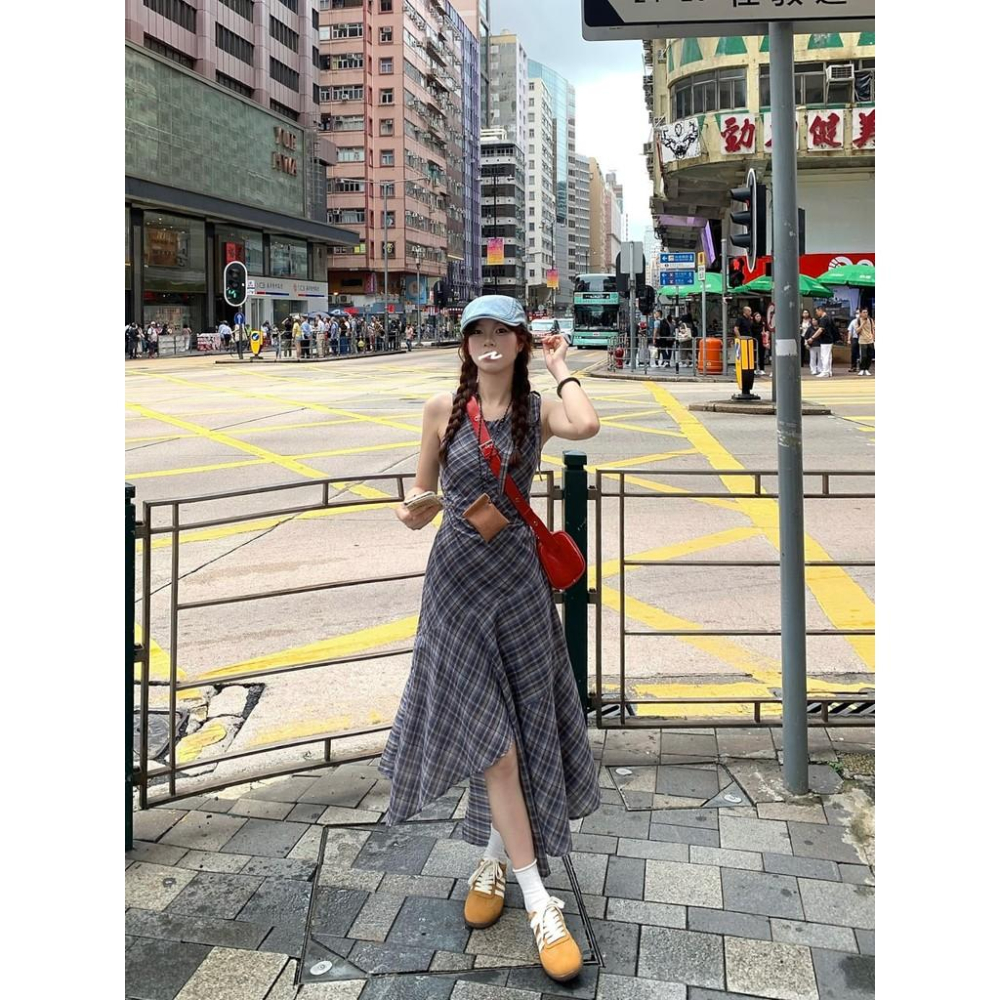 復古格子洋裝女夏季氣質收腰背心裙設計感小眾不規則A字裙長裙-細節圖3