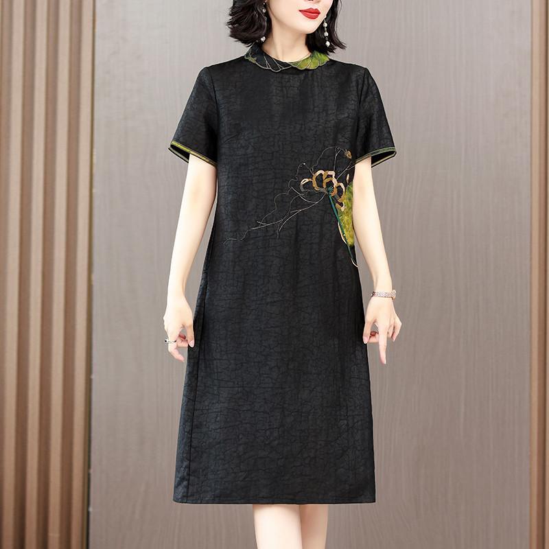 香雲紗真絲寬鬆旗袍裙女氣質媽媽中式復古重工刺繡桑蠶絲洋裝子-細節圖2