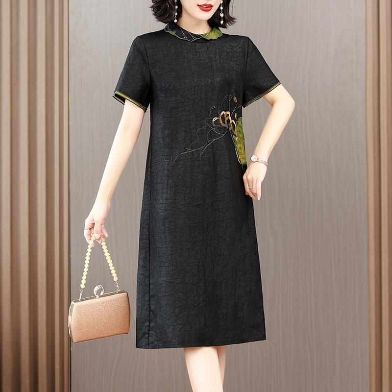 香雲紗真絲寬鬆旗袍裙女氣質媽媽中式復古重工刺繡桑蠶絲洋裝子-細節圖3