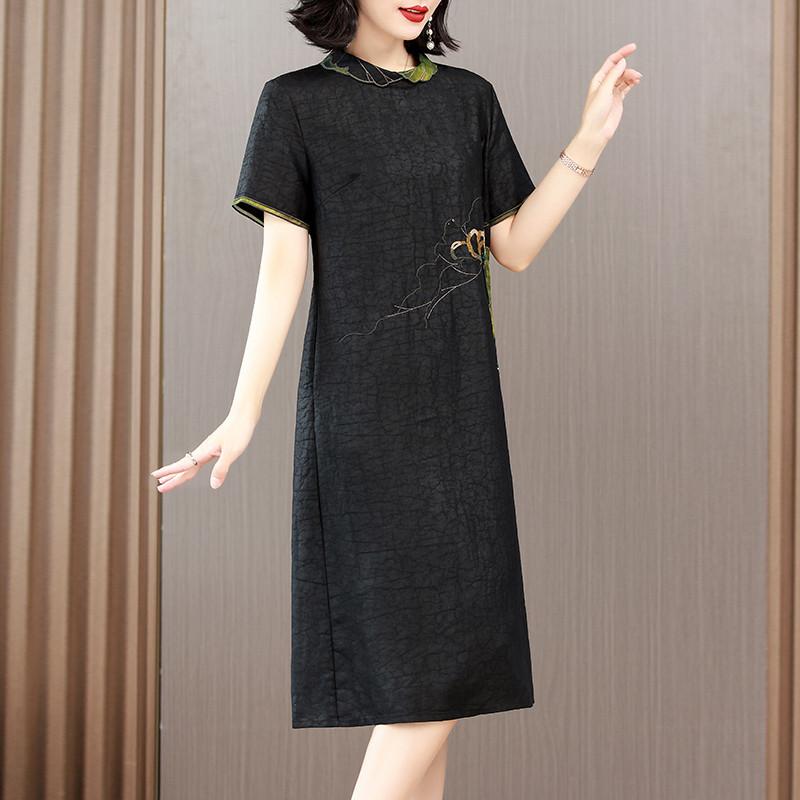 香雲紗真絲寬鬆旗袍裙女氣質媽媽中式復古重工刺繡桑蠶絲洋裝子-細節圖4