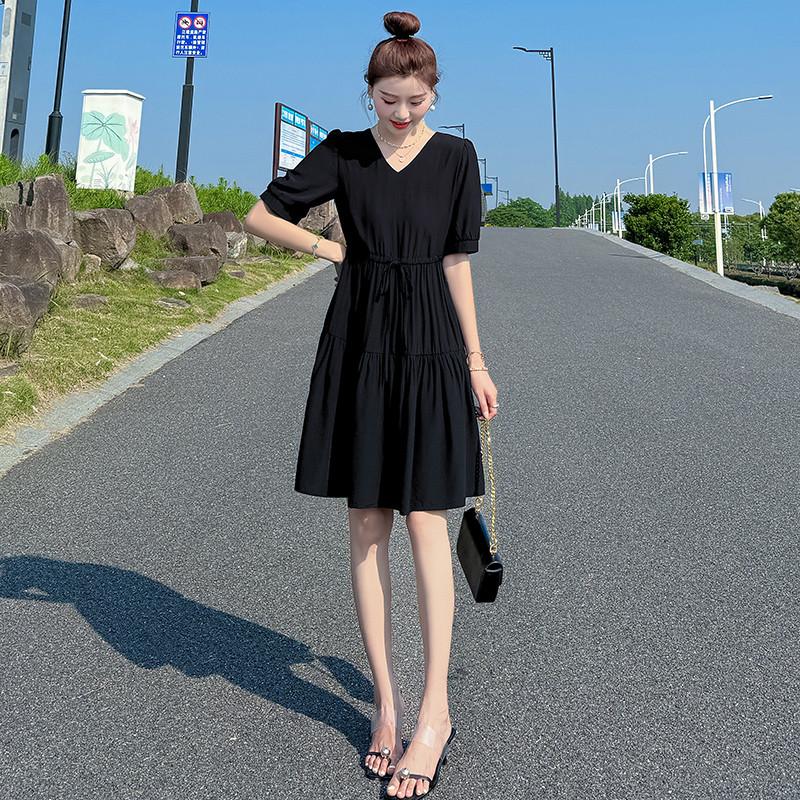 小個子黑色洋裝女夏季2026新款v領小黑裙女法式收腰顯瘦A字裙子-細節圖2