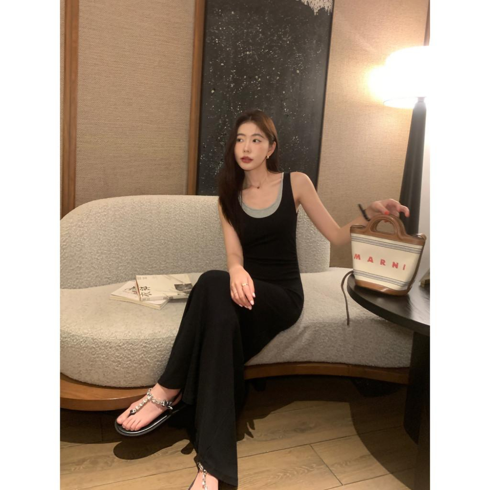 pusumede 假兩件背心洋裝女設計感小眾無袖吊帶裙收腰氣質長裙-細節圖2