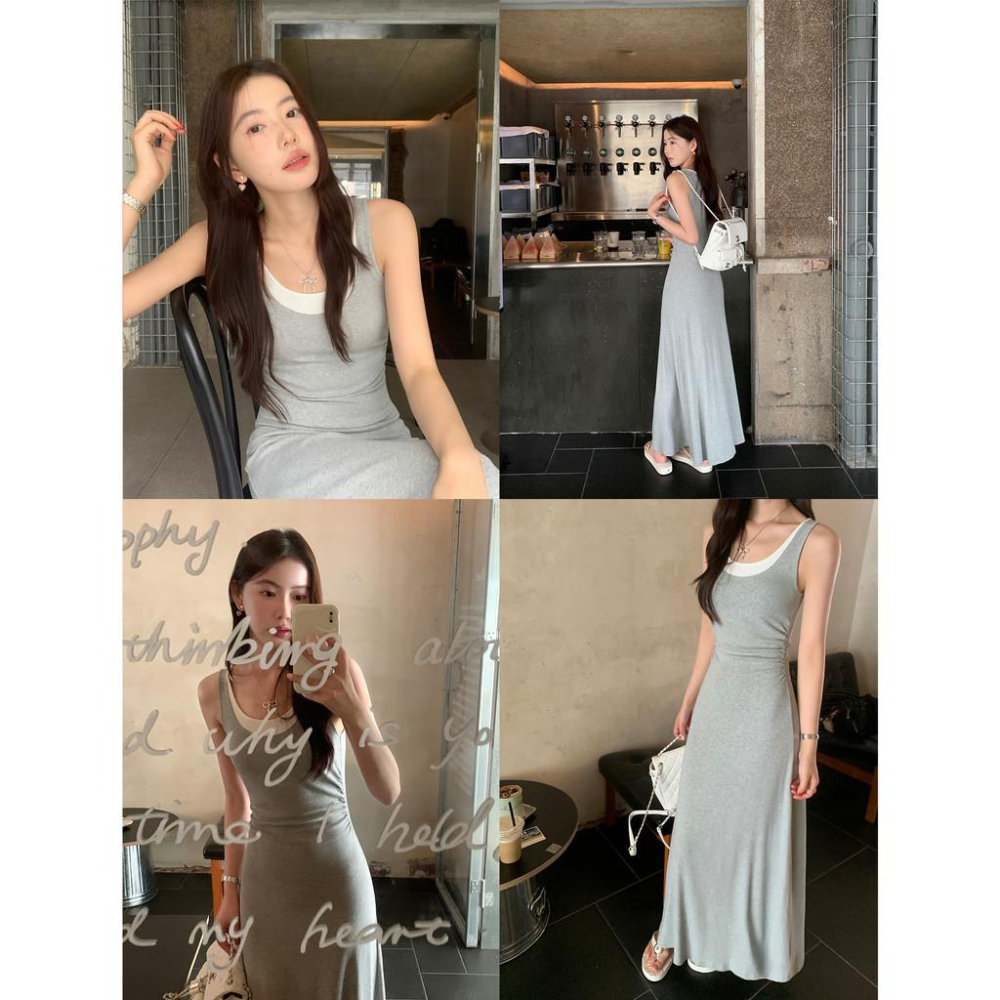 pusumede 假兩件背心洋裝女設計感小眾無袖吊帶裙收腰氣質長裙-細節圖3