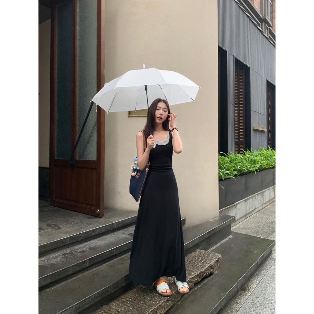 pusumede 假兩件背心洋裝女設計感小眾無袖吊帶裙收腰氣質長裙-細節圖4