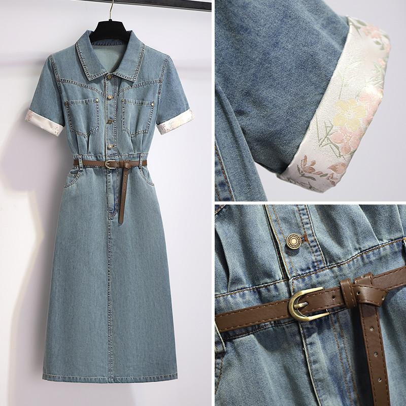 新中式國風拼接牛仔洋裝女夏季新款小個子氣質收腰短袖薄款裙子-細節圖2