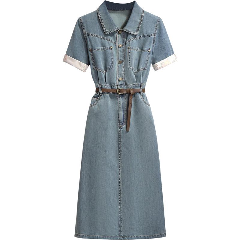 新中式國風拼接牛仔洋裝女夏季新款小個子氣質收腰短袖薄款裙子-細節圖5