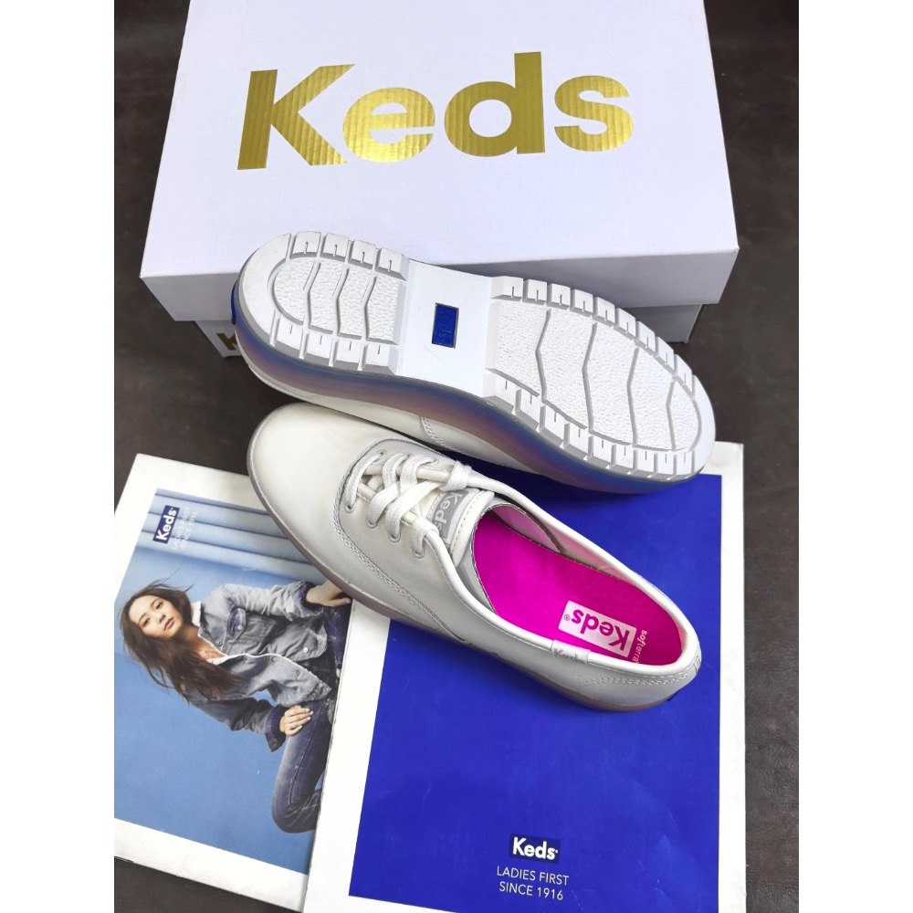￼新款限量優惠Keds皮面松糕女鞋彩虹底小白鞋舒适纯色百搭款春夏款休闲鞋-細節圖2