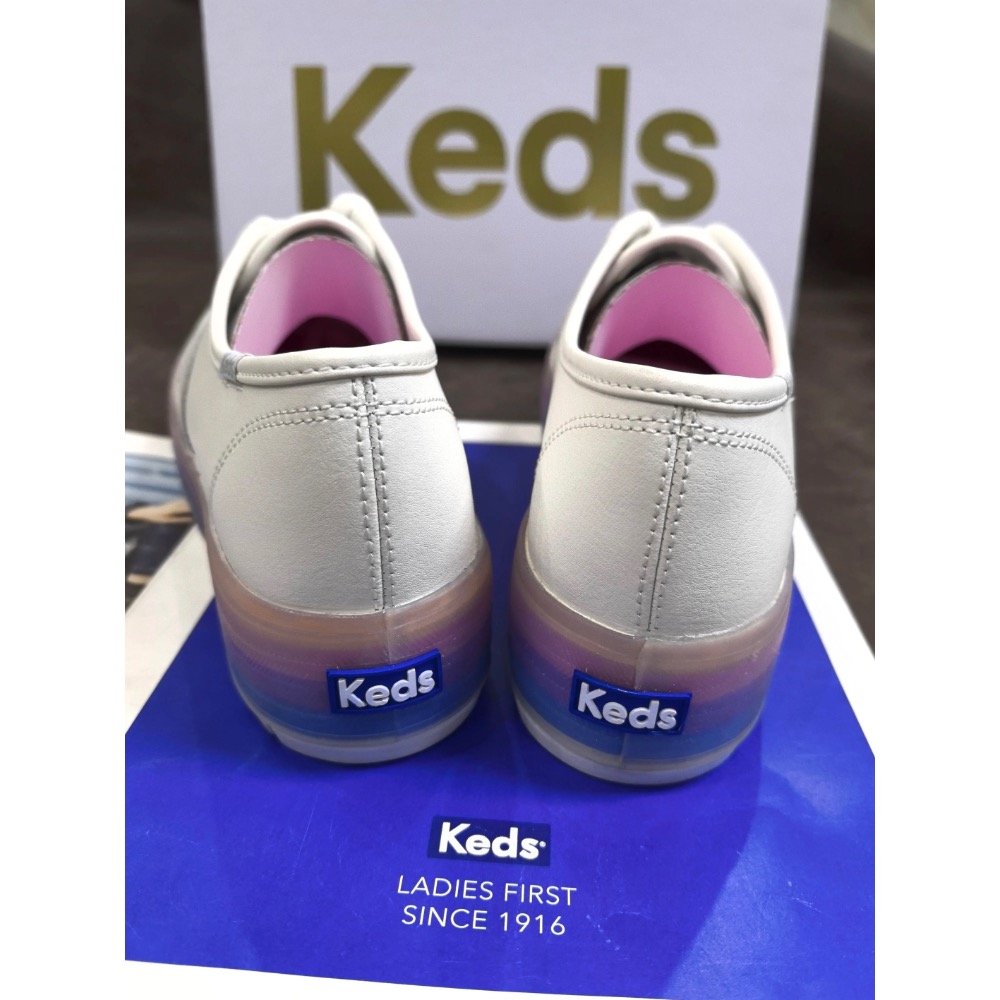 ￼新款限量優惠Keds皮面松糕女鞋彩虹底小白鞋舒适纯色百搭款春夏款休闲鞋-細節圖3