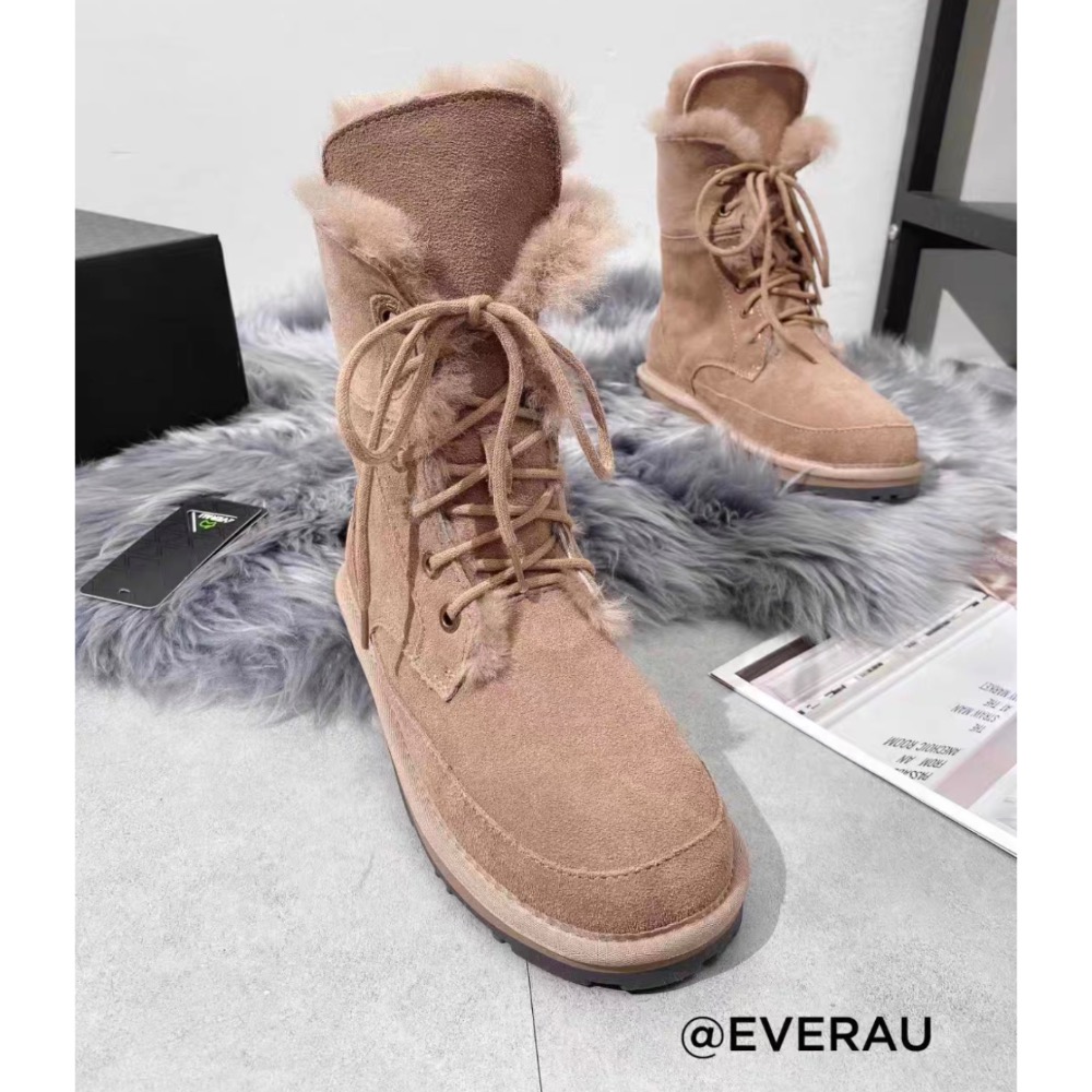 【底價清倉】澳洲EVERAU鎏金琥珀繫帶中筒雪靴羊皮毛一體內裡-細節圖2