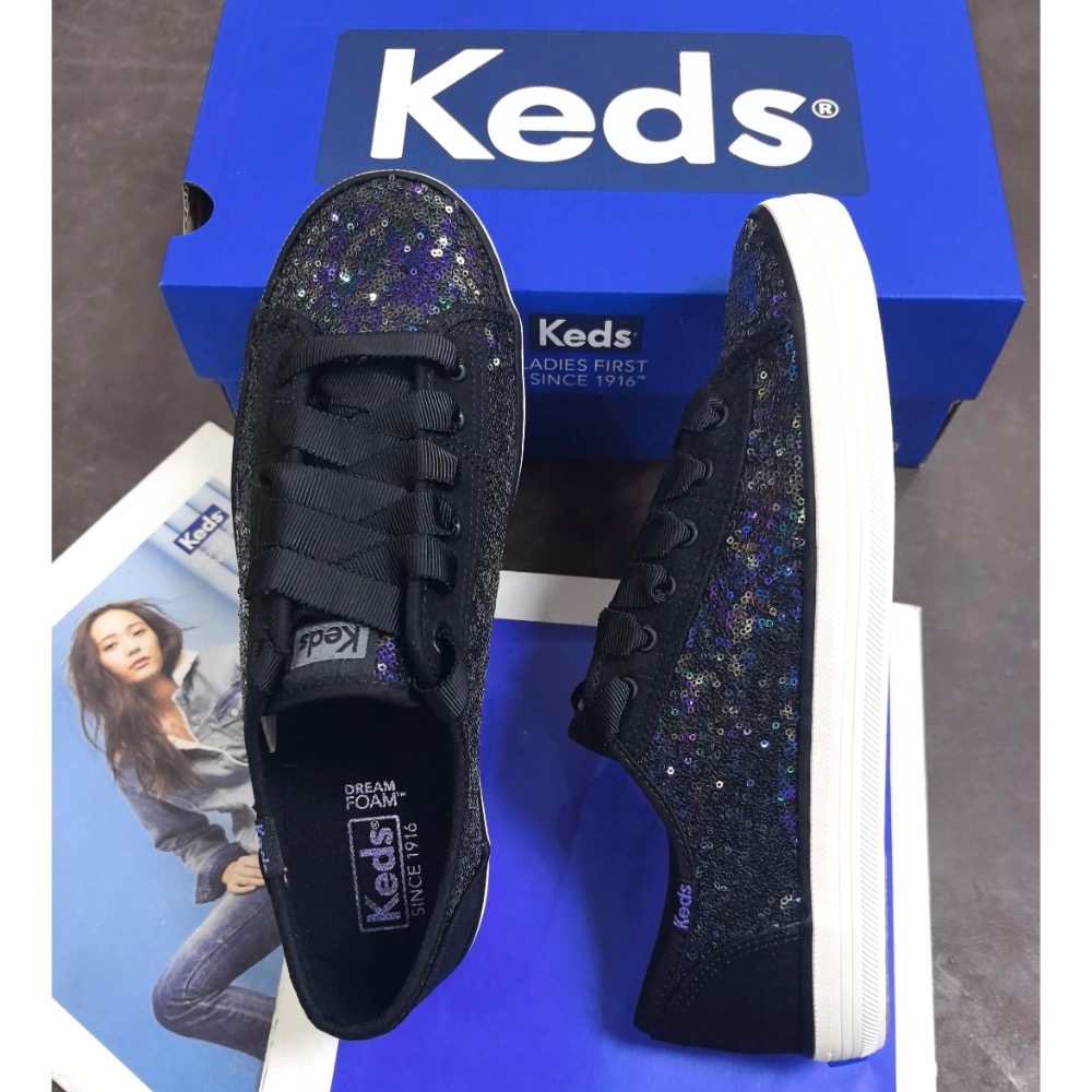 美國潮牌 Keds 新款閃閃亮片婚禮鞋小白鞋單鞋 黑色亮片漸層 休閒鞋-細節圖2