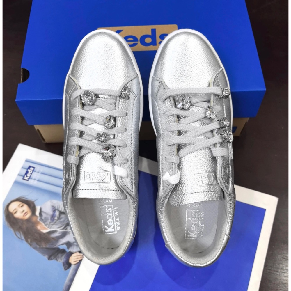 零碼特價Keds 水鑽銀/白色真皮 休閒鞋 厚底鞋運動鞋 小白鞋 婚鞋-細節圖2